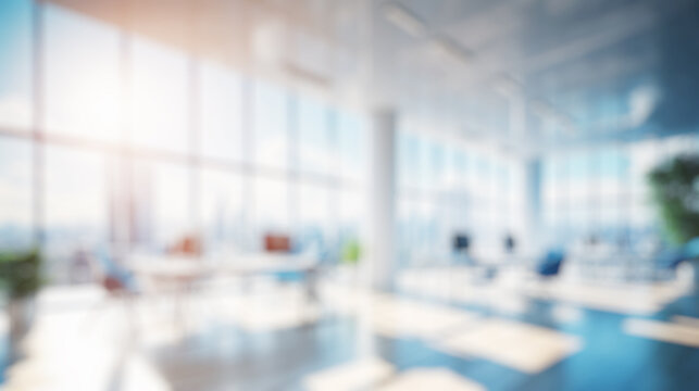 Photo of a modern office with large windows - business blured interior background for your presentation, copy space