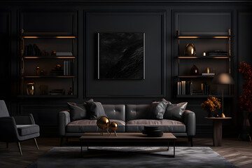 Cozy dark living room interior background 3d rendering. generative ai.