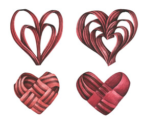 Valentine’s Day ribbon woven heart. Love concept. Watercolor illustration.