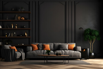 Cozy dark living room interior background 3d rendering. generative ai.