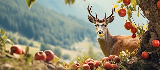 Deer in Tyrolean orchard with ripe apples. - obrazy, fototapety, plakaty