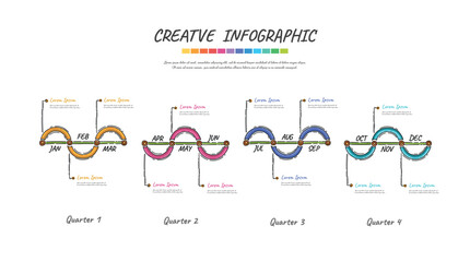 Timeline hand drawn for 1 year, 12 months, infographics all month planner design and Presentation business, Doodle infographic vector.