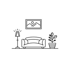 Living room interior design, sofa and floor lamp, picture and plant pot, minimalist style, vector mono line illustration