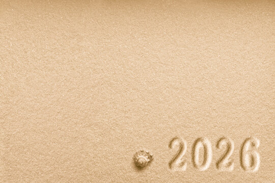 Imprints of numbers 2026 new year and a shell left side on a golden sand