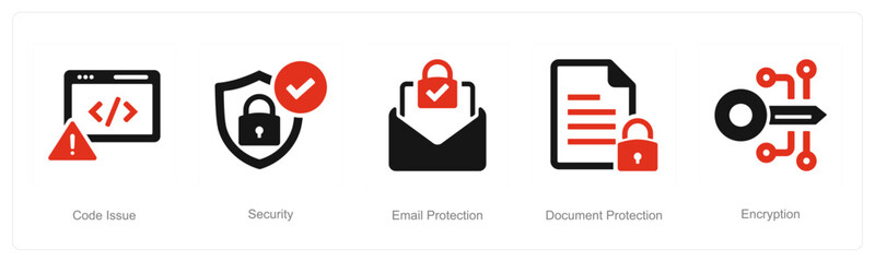 A set of 5 Cyber Security icons as code issue, security, email protection