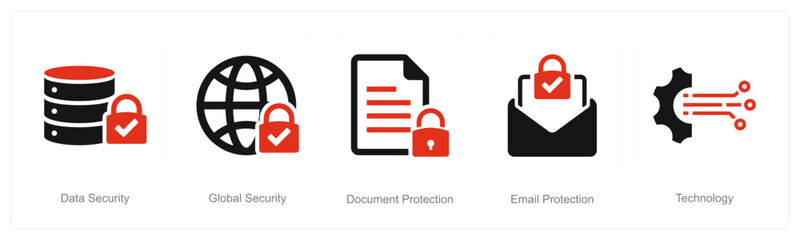 A set of 5 Cyber Security icons as data security, global security, document protection