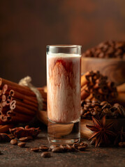 Cream and coffee liquor on a brown background.