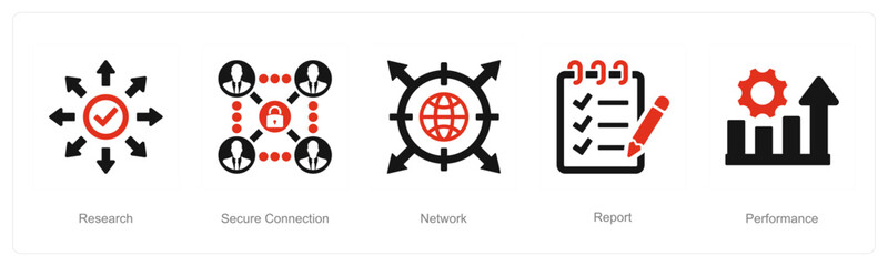 Obraz premium A set of 5 Data analysis icons as research, secure connection, network