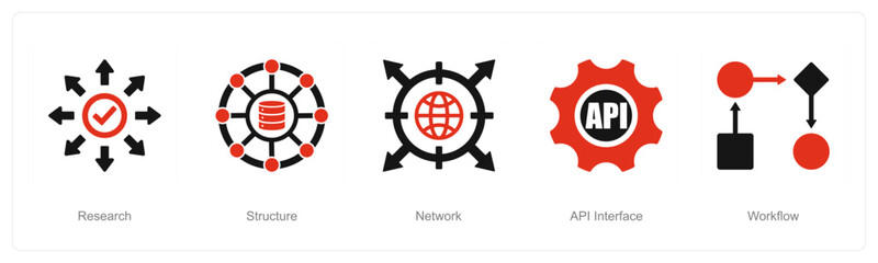 A set of 5 Data analysis icons as research, structure, network