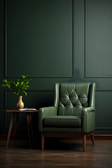 Dark green home interior with old retro armchair 3d render. generative ai.
