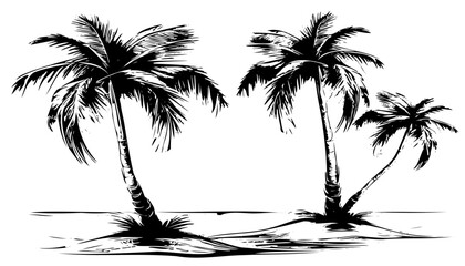 Sketch of a tropical beach with palm trees and the sea. Hand drawn illistration converted to vector - obrazy, fototapety, plakaty