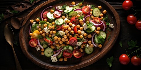 Chickpea salad with tomatoes, cucumber, parsley, onions in a plate, selective focus. Healthy vegetarian food.
