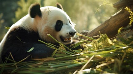 A panda chewing on bamboo - obrazy, fototapety, plakaty