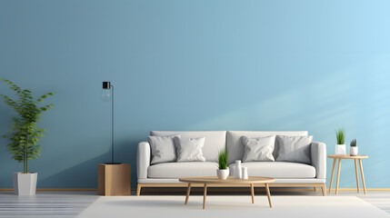 Fototapeta na wymiar empty living room with blue tones wall. generative ai.