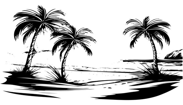 Tropical coconut palm trees. Vector sketch illustration. Hand drawn tropical plants and floral design elements.