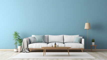 empty living room with blue tones wall. generative ai.