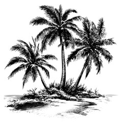 Fototapeta na wymiar Tropical palm trees with leaves, mature and young plants, black silhouettes isolated on white background. Sketch design.