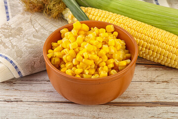 Canned yellow corn in the bowl