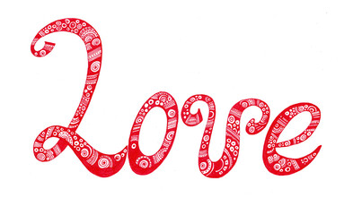 The word Love. Doodle lettering. Red color isolated on white background. The phrase filled with decorative elements. Circles, lines, dots, spirals and other geometric elements. Love, Valentine's Day.