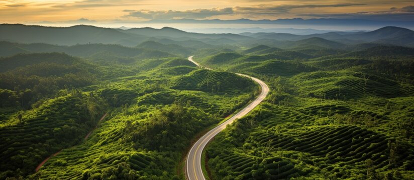 Beautiful road in Thailand's oil palm plantation, shown from above.