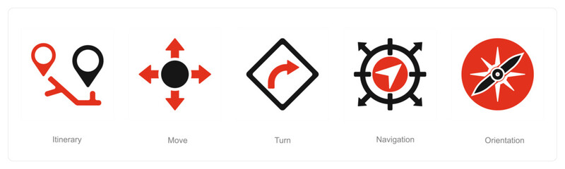 A set of 5 Direction icons as itinerary, move, turn