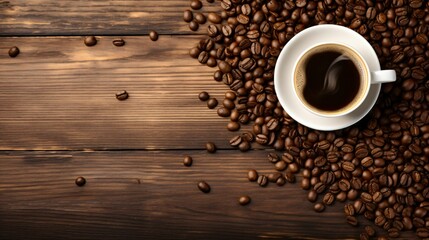 hot coffee cup on a wooden table with coffee beans, top view, copy space for text, black coffee, Espresso, Cappuccino, hot chocolate drink