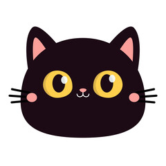 Black cat round face silhouette icon. Cute cartoon funny baby character. Kitten with big yellow eyes. Pink ears, nose, cheek. Funny kawaii animal. Pet collection. Flat design. White background.