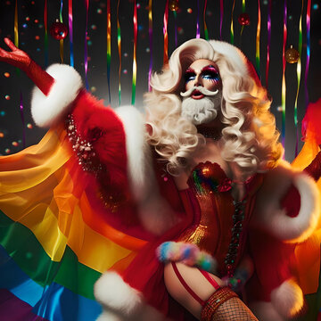 Full-body shot of a dazzling drag queen with rainbow hair, surrounded by cascading confetti. A celebration of glamour, pride, and empowerment.