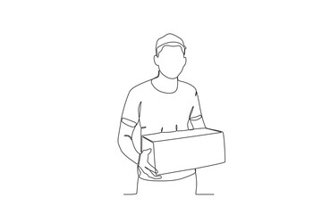 Continuous one line drawing courier who will deliver the package to the customer. Single line draw design vector graphic illustration
