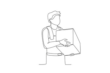 Continuous one line drawing employee who is lifting the package in the warehouse. Single line draw design vector graphic illustration
