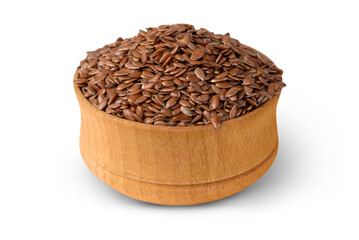 Flax seeds in a wooden plate with shadow isolated on a transparent background.