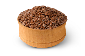 Flax seeds in a wooden plate with shadow isolated on a transparent background.