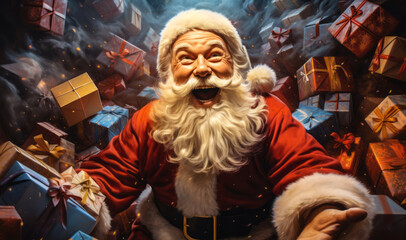 Jolly Santa Claus Overflowing with Joy Amidst a Sea of Colorful Wrapped Christmas Gifts, Bringing the Festive Spirit of Giving. - obrazy, fototapety, plakaty