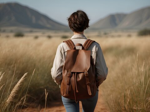 Backview image of a woman in African  savanna 