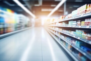 Bright modern Blurred Supermarket Grocery Shelf - obrazy, fototapety, plakaty