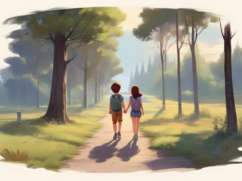 boy and girl friends walking on the roadside, cartoon style, rear view