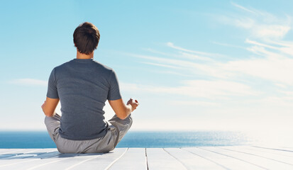 Relax person, blue sky and yoga meditation for spiritual peace, freedom or healing zen soul, aura...