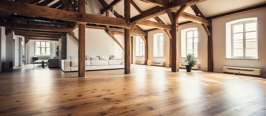 Spacious loft with wooden floor and beams - obrazy, fototapety, plakaty