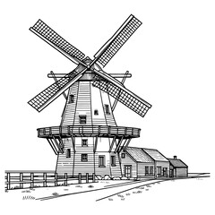 One continuous line drawing minimal European old historical mill houseSingle hand drawn art line doodle outline isolated.