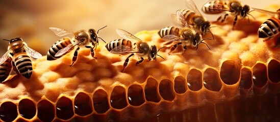 Bees tend to the Queen Bee's offspring near honeycomb cells. - obrazy, fototapety, plakaty