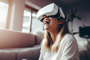 Happy joyful woman wearing VR glasses to play games, watch video on comfy white living room. Happy Laughing young woman using virtual reality glasses at home. Generative AI. - obrazy, fototapety, plakaty