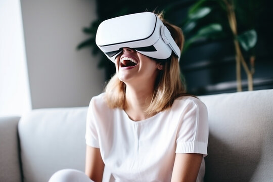 Happy joyful woman wearing VR glasses to play games, watch video on comfy white living room. Happy Laughing young woman using virtual reality glasses at home. Generative AI.