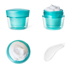 Face cream. Blue glass container with cream. set of different angles on white background