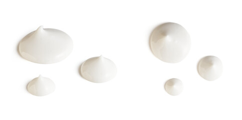 Collection of White Cosmetic Cream Isolated on white Background. Drops of lotion or moisturizer                          
