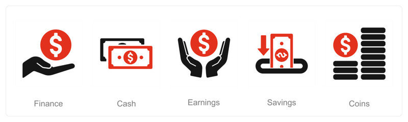 A set of 5 Finance icons as finance, cash, earning