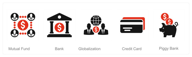 A set of 5 Finance icons as mutual funds, bank, globalization