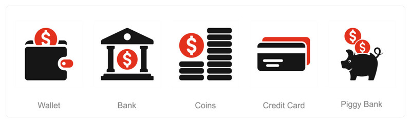 A set of 5 Finance icons as wallet, bank, coins