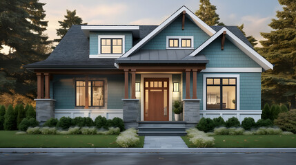 Gray New Construction Modern Cottage Home with Hardy Board Siding and Teal Door with Curb Appeal. generative ai.