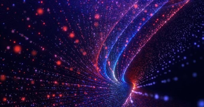 Colorful high-tech background with luminous particles, a swirling surface of dots forming a complex spiral structure. sci-fi digital space, particles form lines and surface waves. Abstract background.