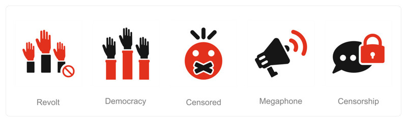 A set of 5 Freedom of Speech icons as revolt, democracy, censored